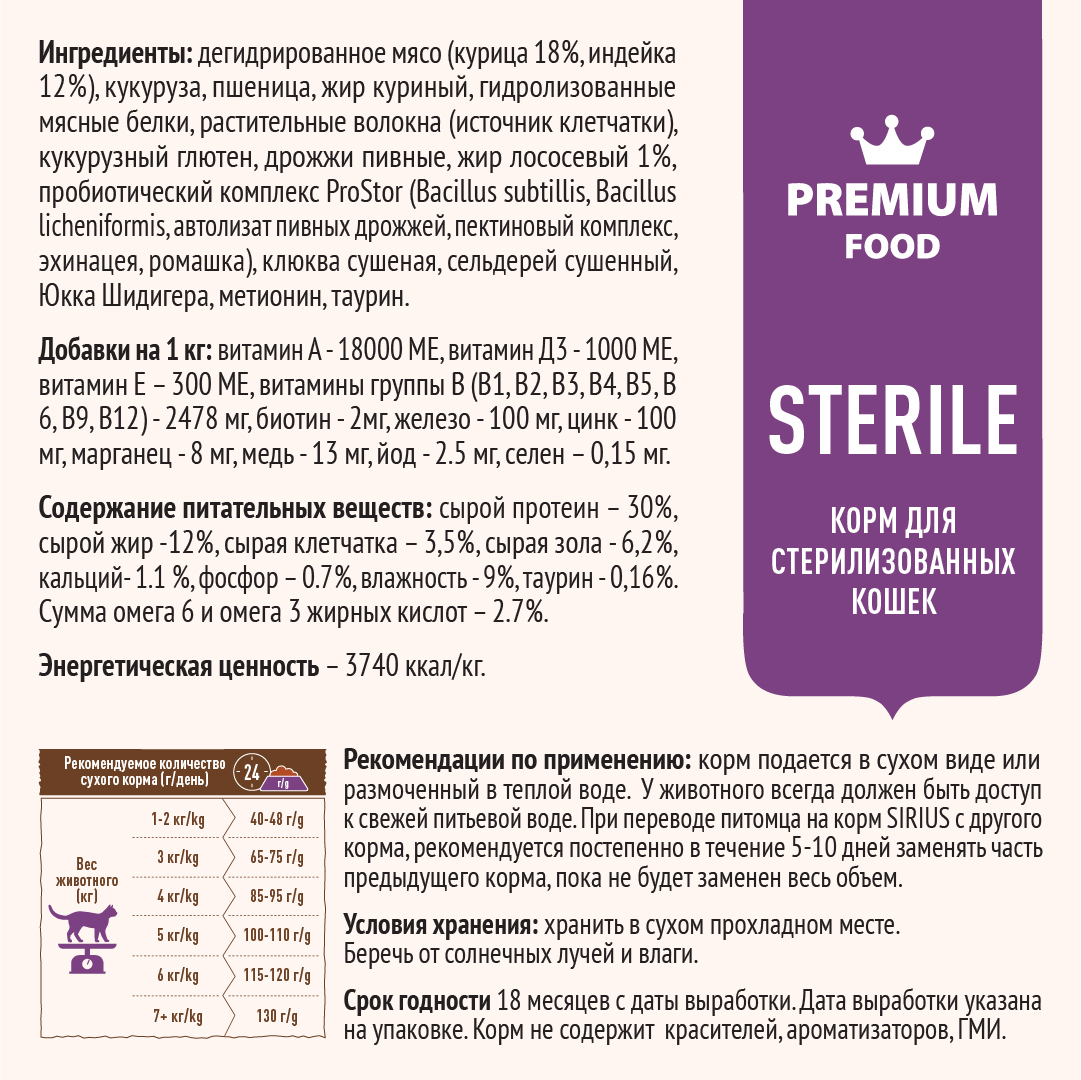 Сухой корм для кошек Sirius Sterile стерилизованных, с индейкой и курицей, 10 кг