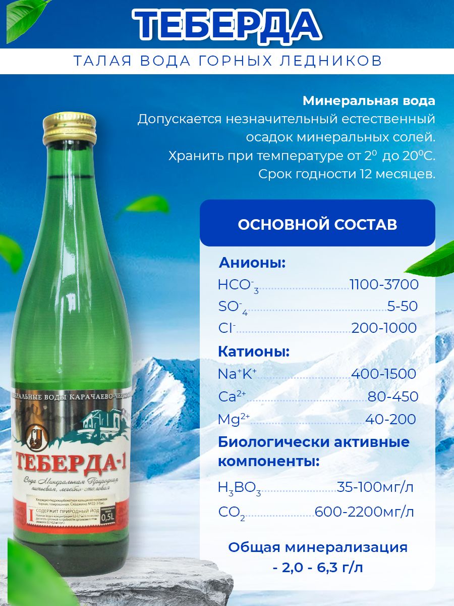 Вода минеральная Теберда 0,5л стекло газированная (упаковка 20 шт.)