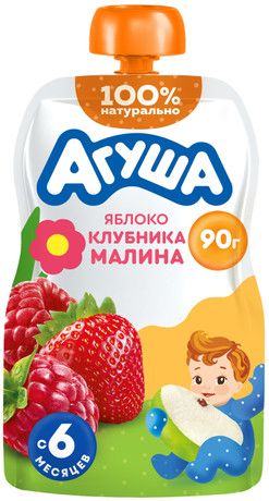 Пюре фруктовое детское Агуша Яблоко, клубника и малина с 6 месяцев, 90г х 10 шт