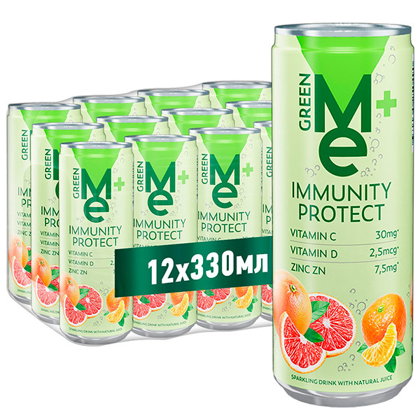 Напиток Green Me+ Immunity Protect с витамином С, D и цинком 0.33 литра, газ, ж/б, 12 шт. в уп.