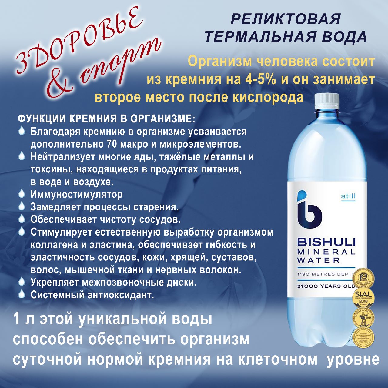 Вода минеральная лечебно-столовая Бишули 1 литр, газ, пэт, 6 шт. в уп.
