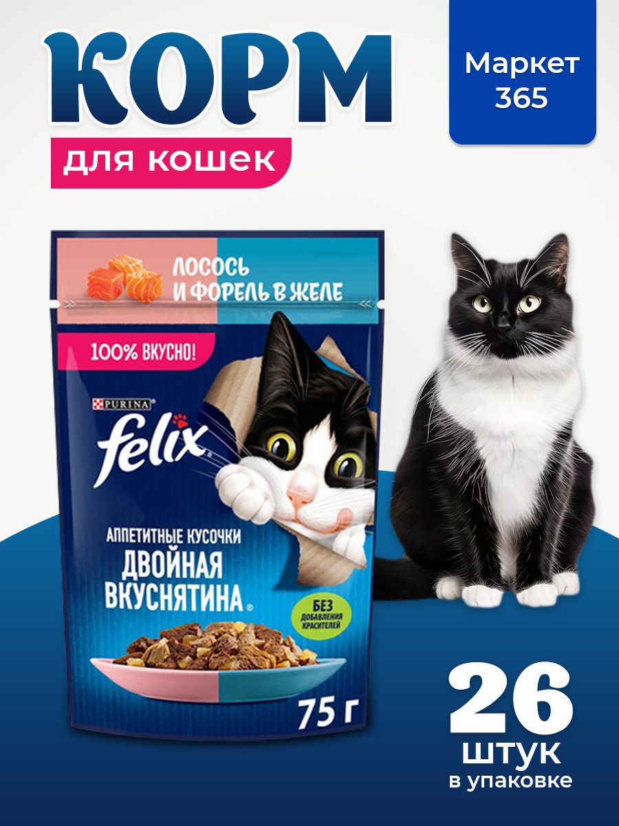 Влажный корм для кошек Felix Аппетитные кусочки, лосось и форель в желе, 75 г x 26 шт