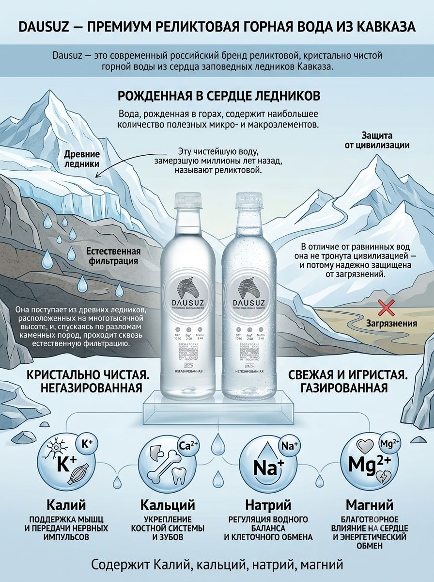 Вода Dausuz 0.5 литра, газ, пэт. Упаковка 12шт.