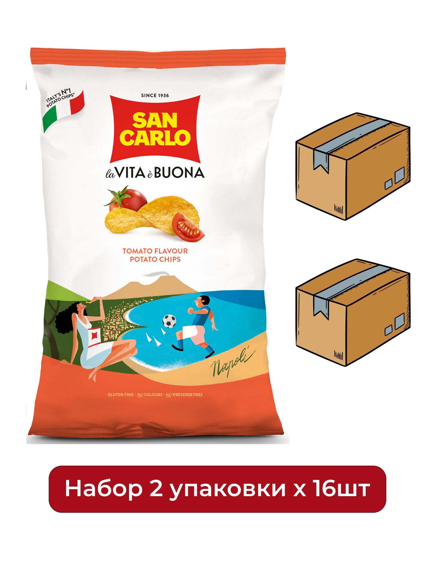 Чипсы San Carlo Piu Gusto Томат, 150г. Упаковка 16 шт. Набор 2 упаковки.