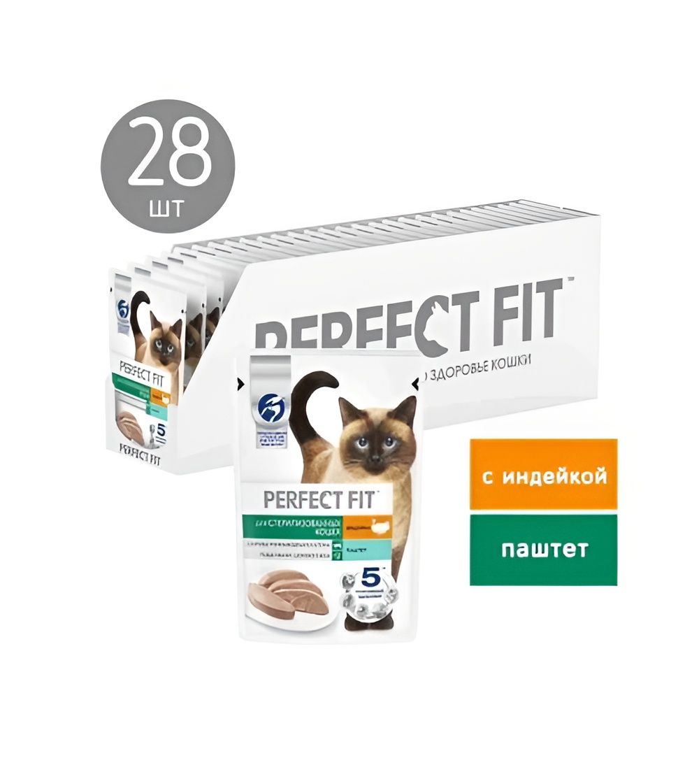 Корм влажный для стерилизованных кошек Perfect Fit паштет с индейкой 75 г х 28 шт