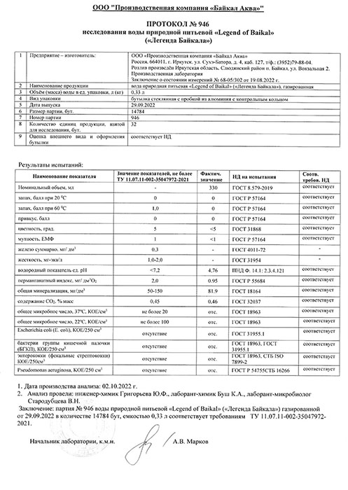 Вода Легенда Байкала 0.33 литра, газ, стекло, 12 шт. в уп.