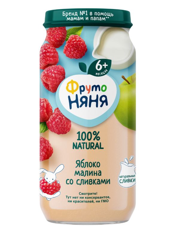 Пюре фруктовое детское ФрутоНяня Яблоко, малина и сливки с 6 месяцев, 250г