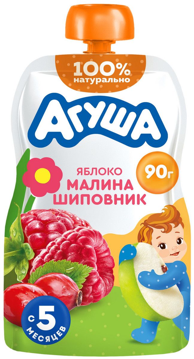 Пюре фруктовое детское Агуша Яблоко, шиповник и малина с 5 месяцев, 90г х 10 шт