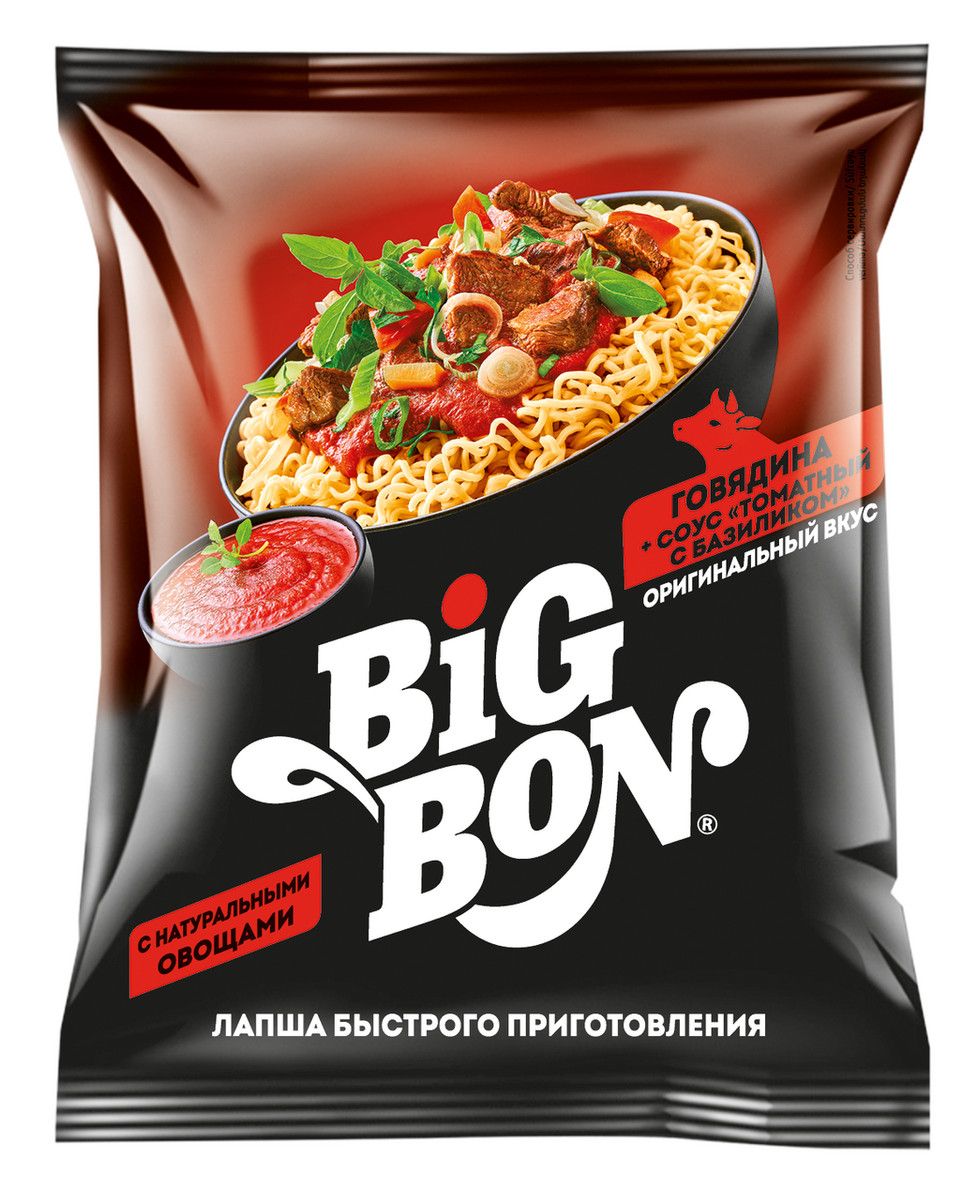 Лапша быстрого приготовления BigBon Говядина + соус томатный с базиликом, 75г х 48 шт.