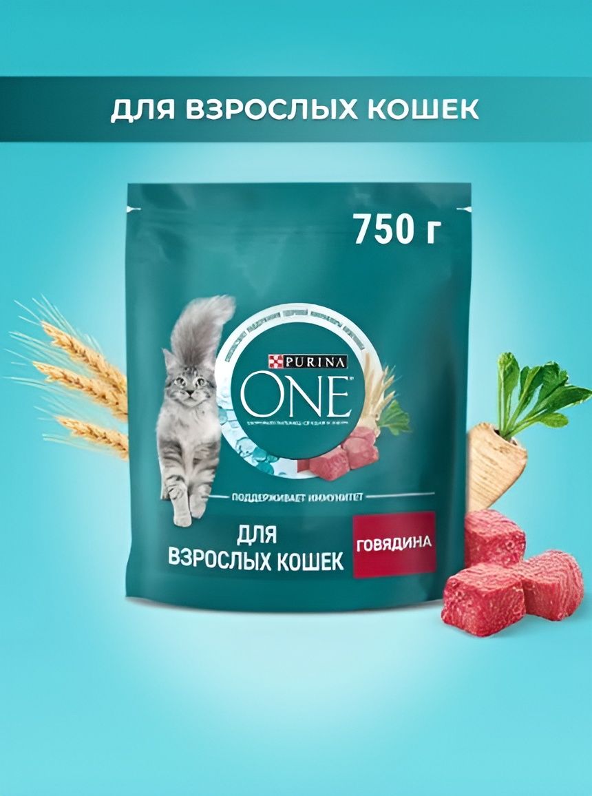 Сухой корм для кошек Purina ONE, с говядиной с цельными злаками, 750 г