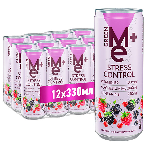 Напиток Green Me+ Plus Stress Control с витамином В9, магнием, Л-теанином, 0.33 литра, газ, ж/б, 12 шт. в уп.