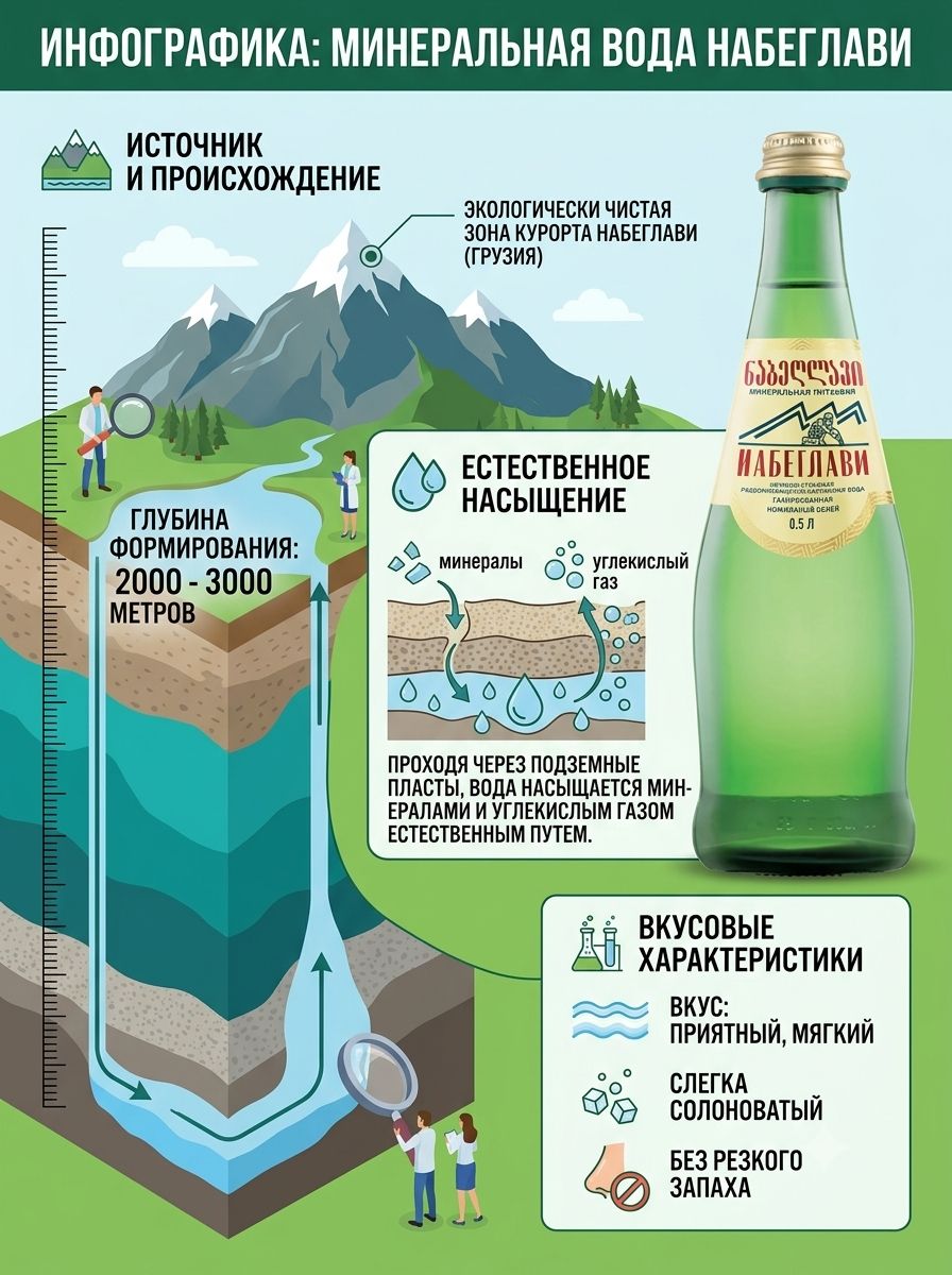 Вода минеральная лечебно-столовая питьевая газированная Набеглави 500 мл, 1 шт, стекло.