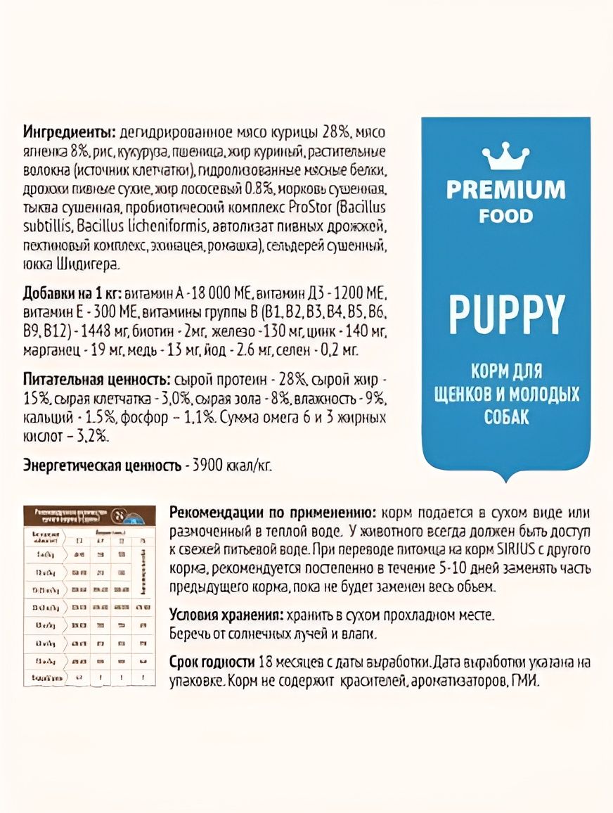 Сухой корм Sirius для щенков с ягненком и рисом, 2кг