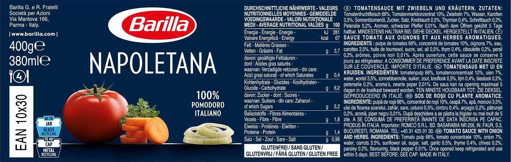 Соус томатный Barilla Наполетана с овощами, 400г х 6шт.
