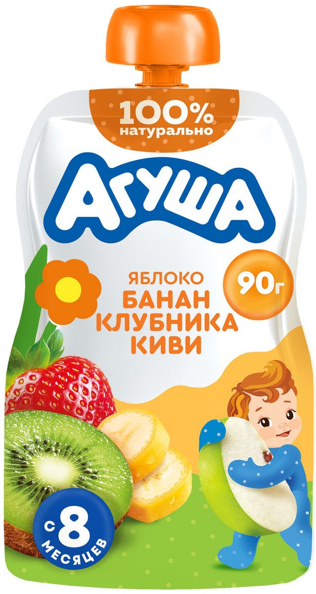 Пюре фруктовое детское Агуша Яблоко, банан, клубника и киви с 8 месяцев, 90г
