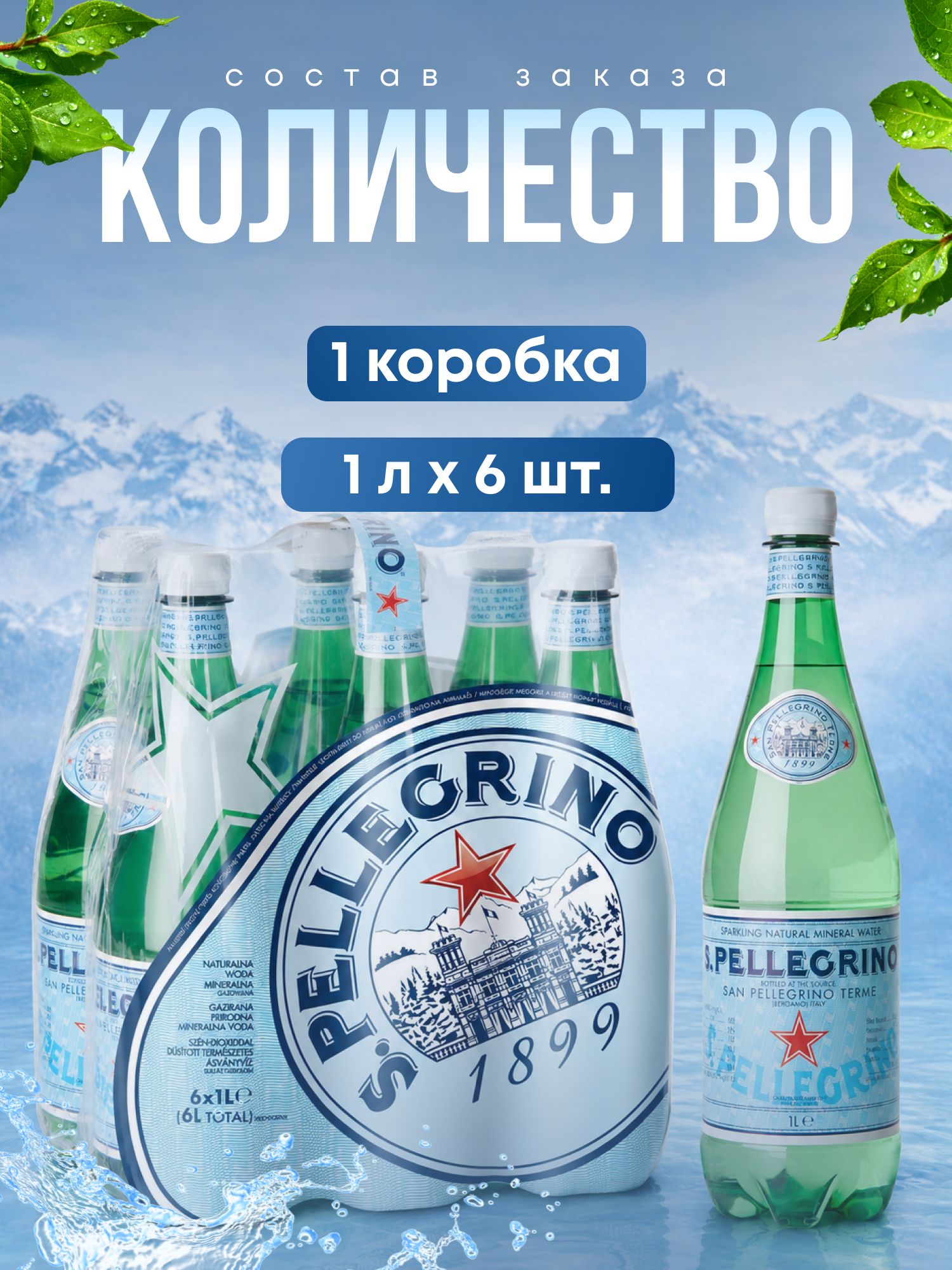 Вода San Pellegrino минеральная, газированная, ПЭТ 1л х 6 шт