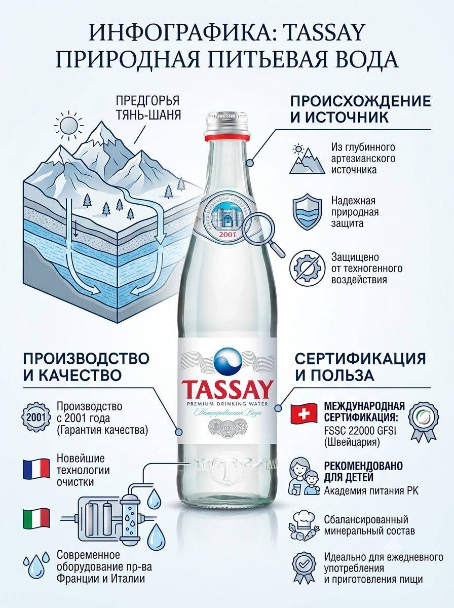 Вода Tassay 0.5 литра, без газа, стекло, (упаковка 12 шт)