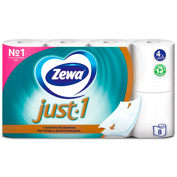 Туалетная бумага Zewa Just1 белая 4х-слойная (8шт.)