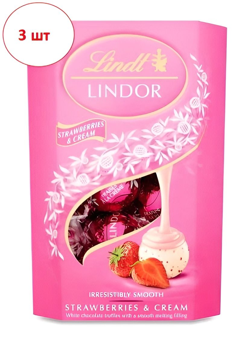 Конфеты шоколадные Lindor Strawberries & Cream (клубника со сливками), 200 гр. 3 шт.
