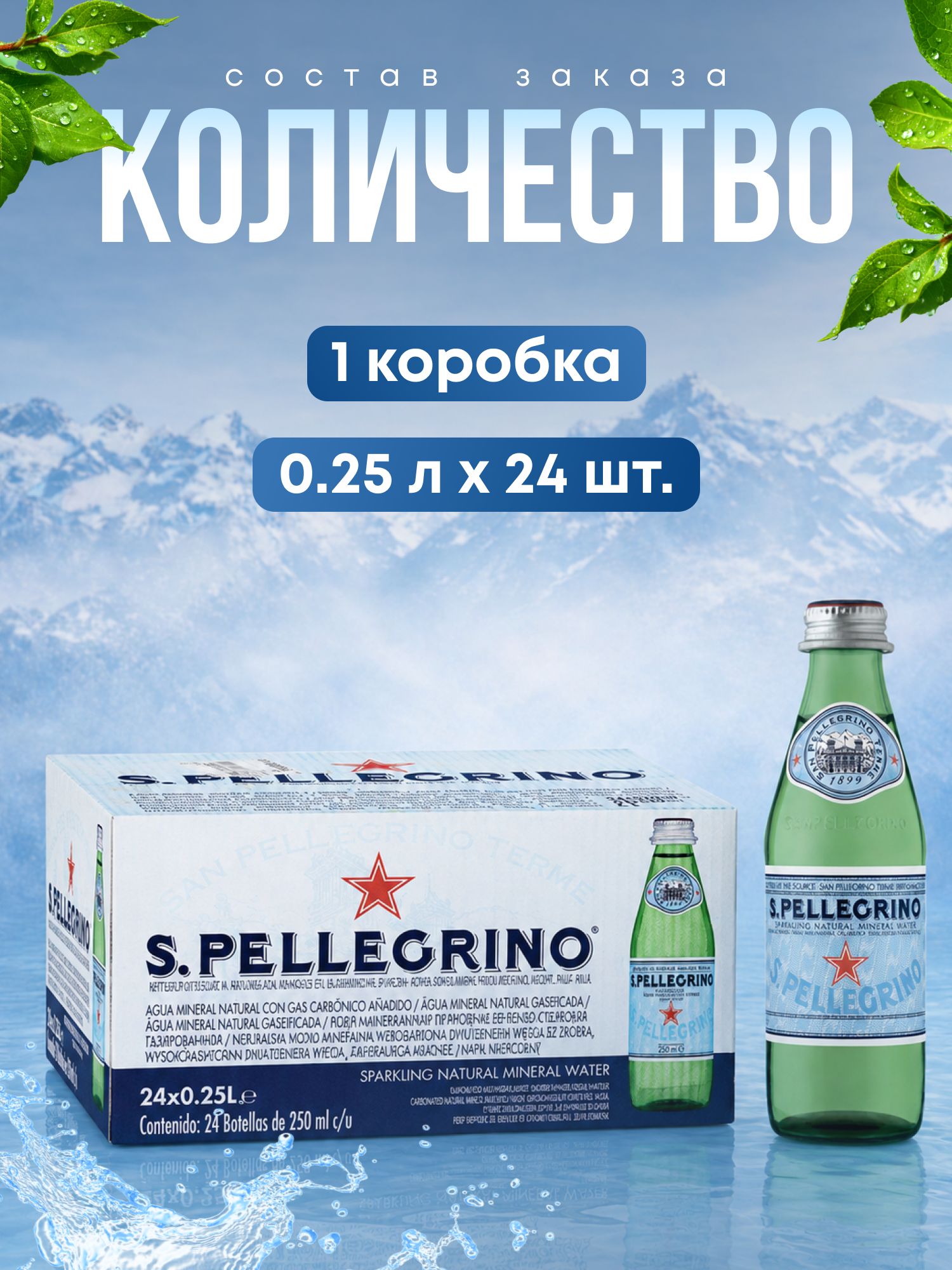 Вода San Pellegrino минеральная, газированная, стекло, 250 мл х 24 шт