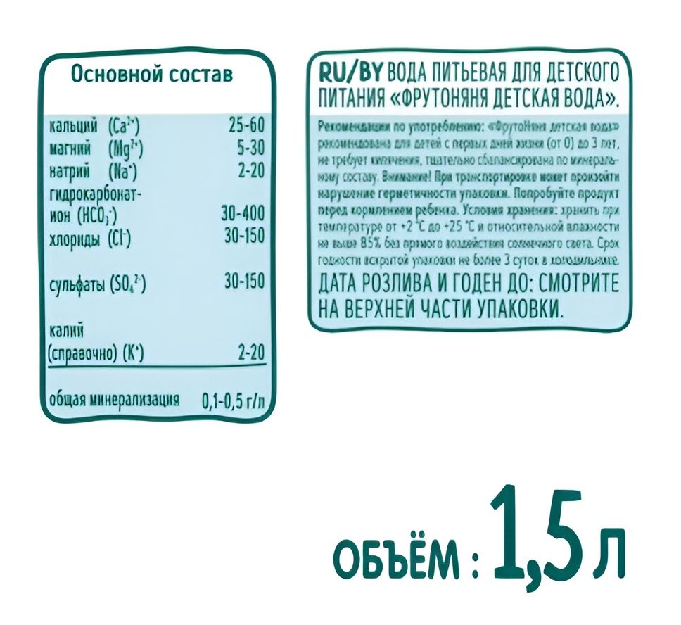 Вода детская ФрутоНяня питьевая негазированная, 1500 мл. ПЭТ, Упаковка 6 шт.