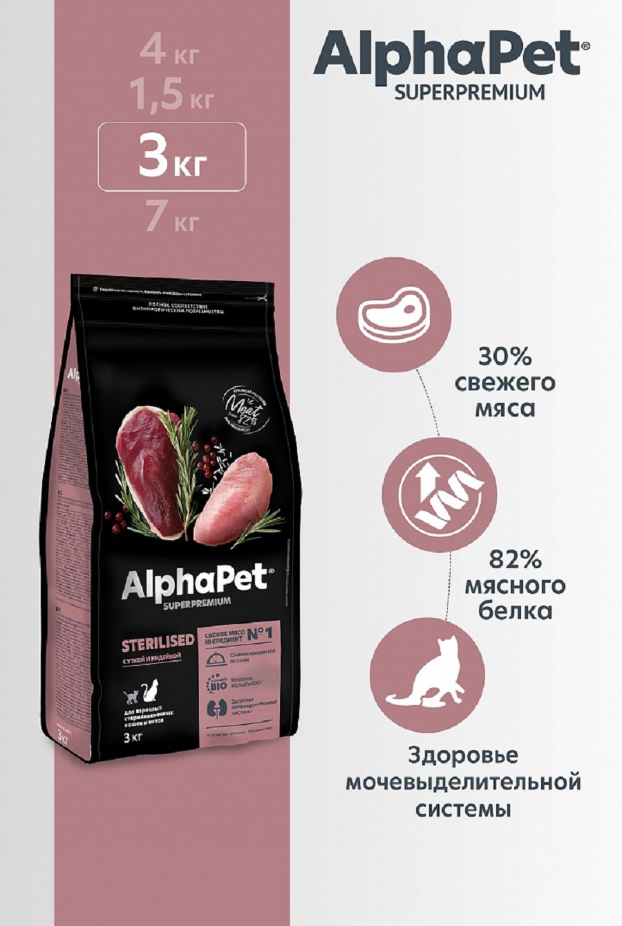 AlphaPet Superpremium сухой корм для стерилизованных кошек и котов с Уткой и индейкой, 3кг
