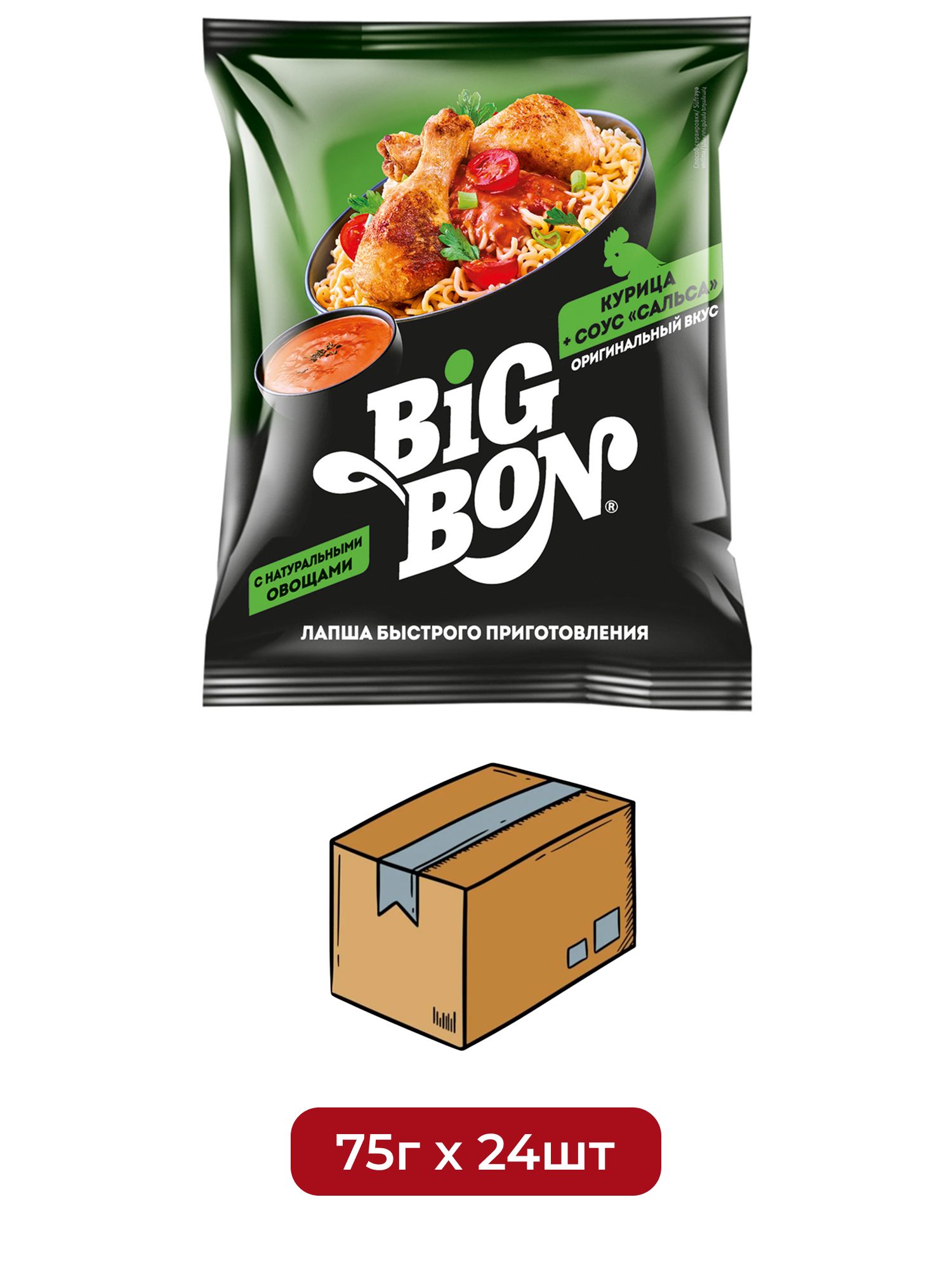 Лапша быстрого приготовления BigBon Курица + соус Сальса, 75г х 24 шт.