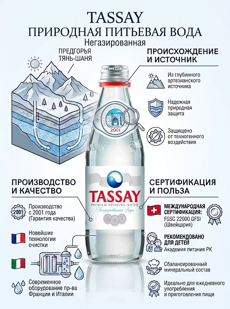 Вода Tassay 0.25 литра, без газа, стекло, (упаковка 12 шт)