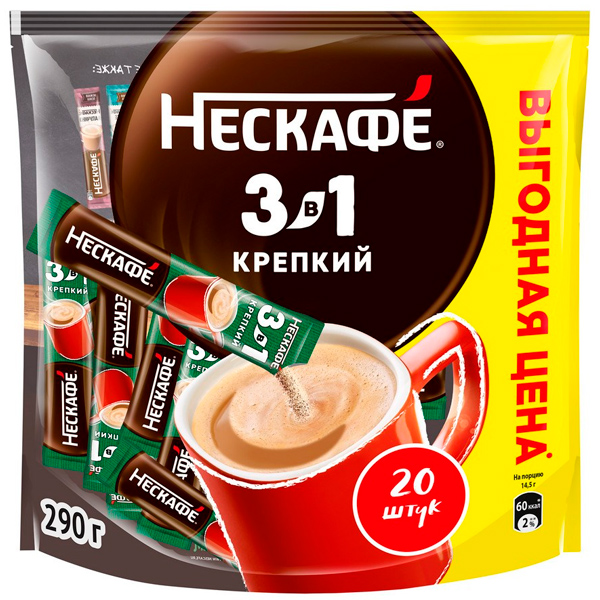 Кофейный напиток Nescafe / Нескафе Strong растворимый 3в1, 20 пак x 14,5 гр