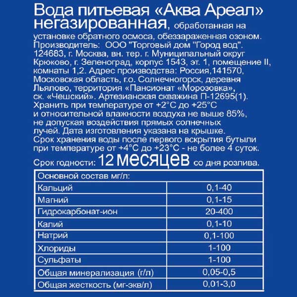 Вода Аква Ареал 0.5 литра, без газа, пэт, 12 шт. в уп.