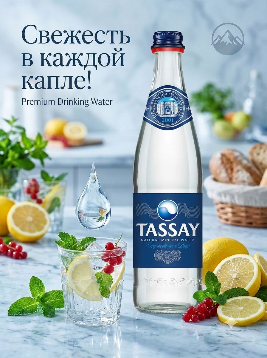 Вода Tassay 0.5 литра, газ, стекло, (упаковка 12 шт)
