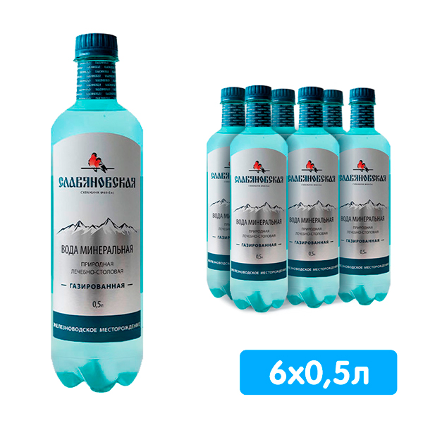 Вода Славяновская 0.5 литра, газ, пэт, 6 шт. в уп.