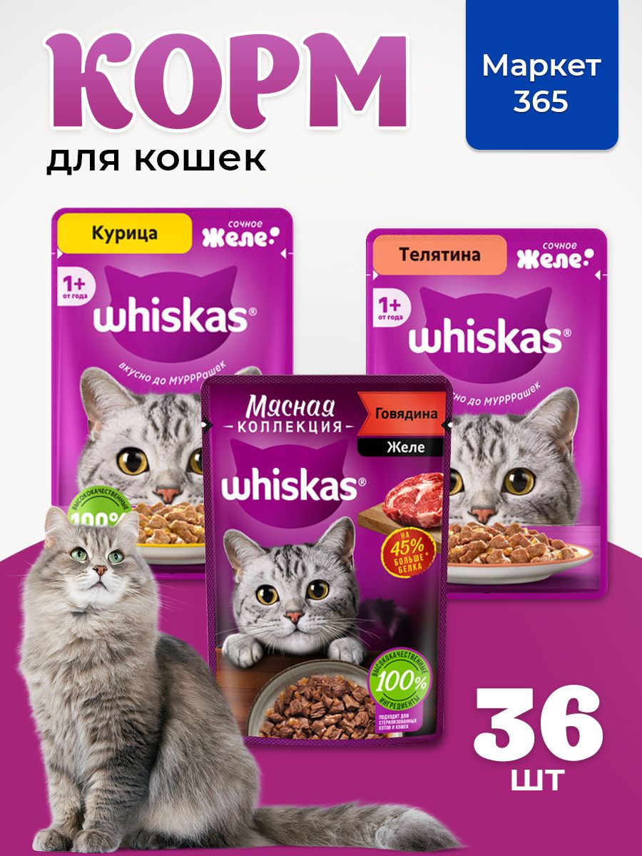Корм для кошек влажный, Whiskas, набор три вкуса. Курица, телятина, говядина. в желе. 36 шт х 75 г