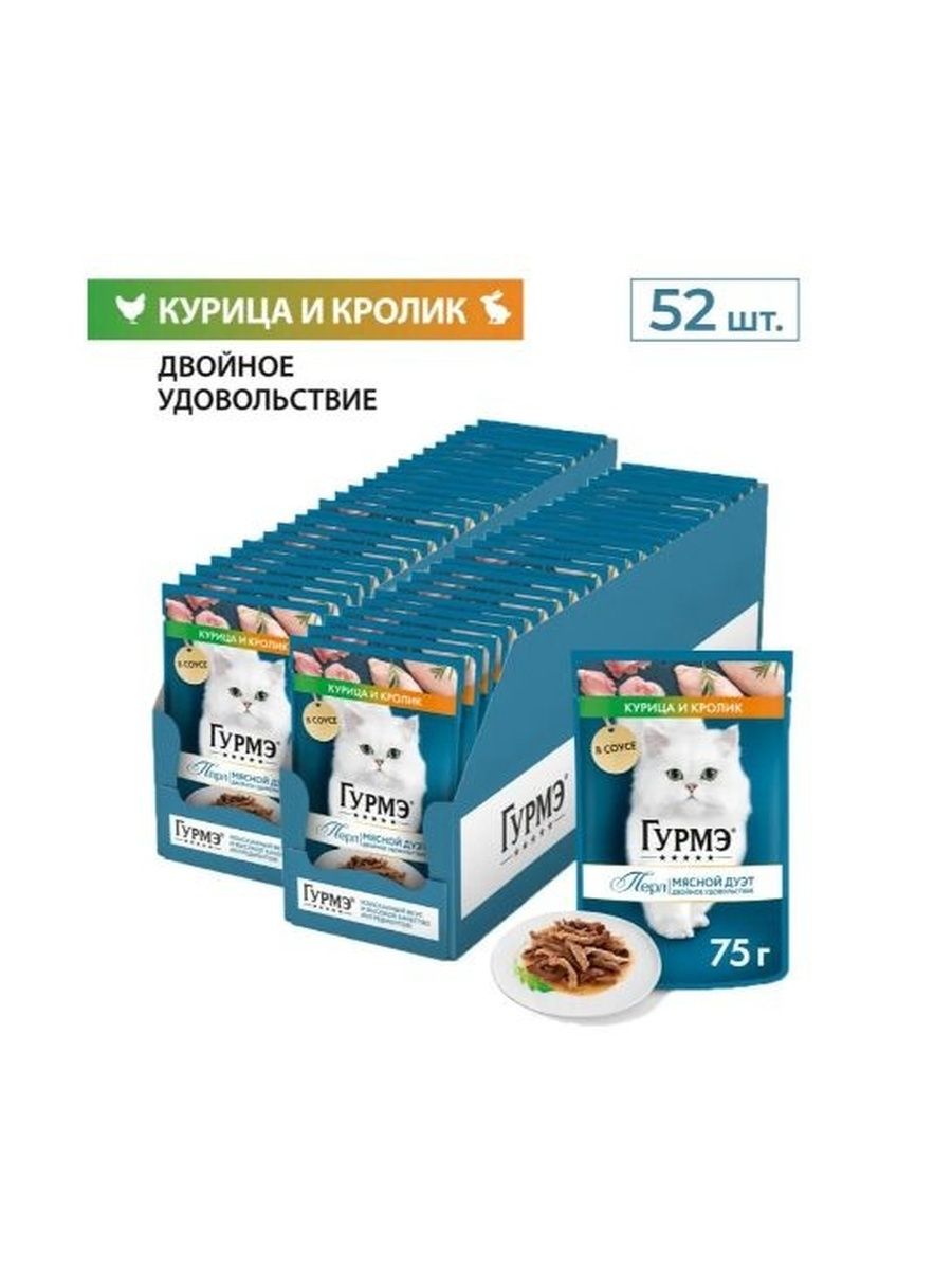 Влажный корм Гурмэ Перл Мясной Дуэт для кошек (кусочки в соусе) с курицей и кроликом, 75 г х 52 шт.