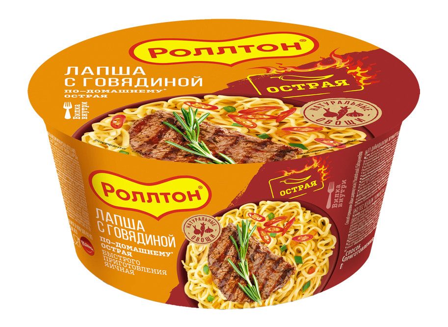 Лапша быстрого приготовления Роллтон По-домашнему с говядиной острая, 90г х 24 шт.