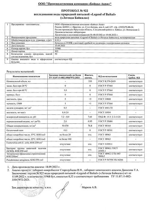 Вода Легенда Байкала 0.33 литра, без газа, пэт, 12 шт. в уп.
