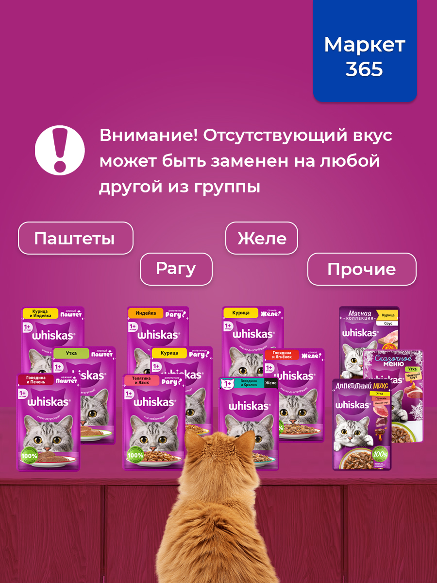 Корм для кошек влажный, Whiskas рагу, Набор: Утка, печень, мясной соус; индейка, курица. 36 шт 75 г