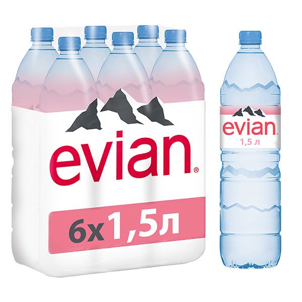 Вода Evian 1.5 литра, без газа, пэт, 6 шт. в уп.