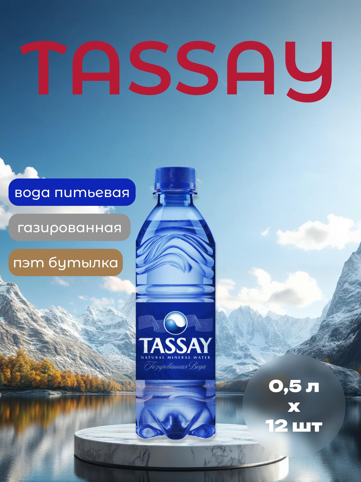 Вода природня питьевая TASSAY (Тассай), газированная, ПЭТ, 0,5 л х 12шт.
