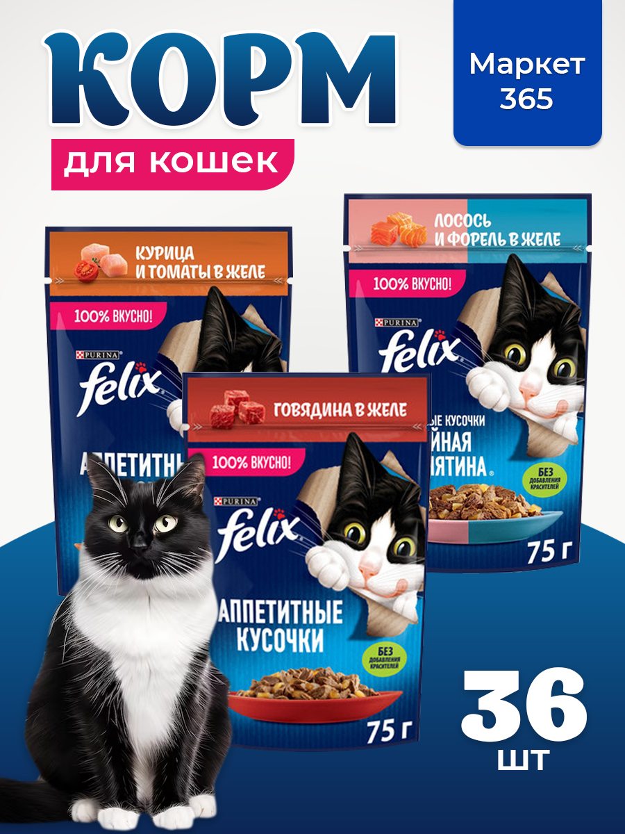 Корм для кошек влажный, Felix желе, Набор: говядина, курица и томаты, лосось и форель. 36 шт x 75 г