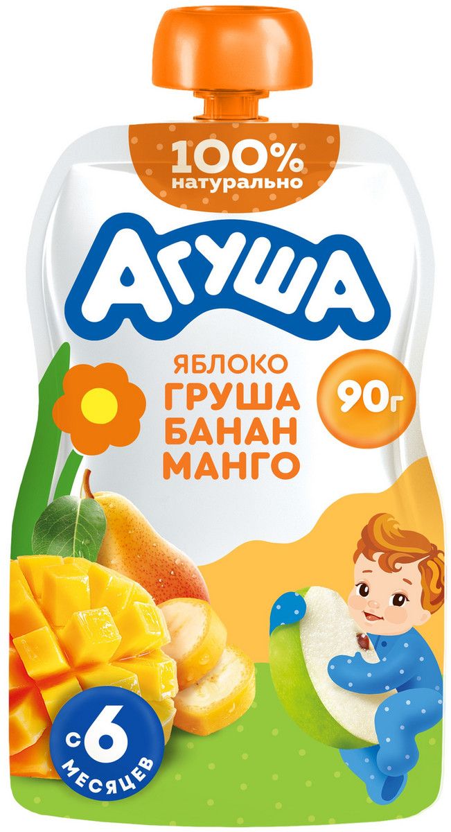 Пюре фруктовое детское Агуша Яблоко, груша, банан и манго с 6 месяцев, 90г х 10 шт