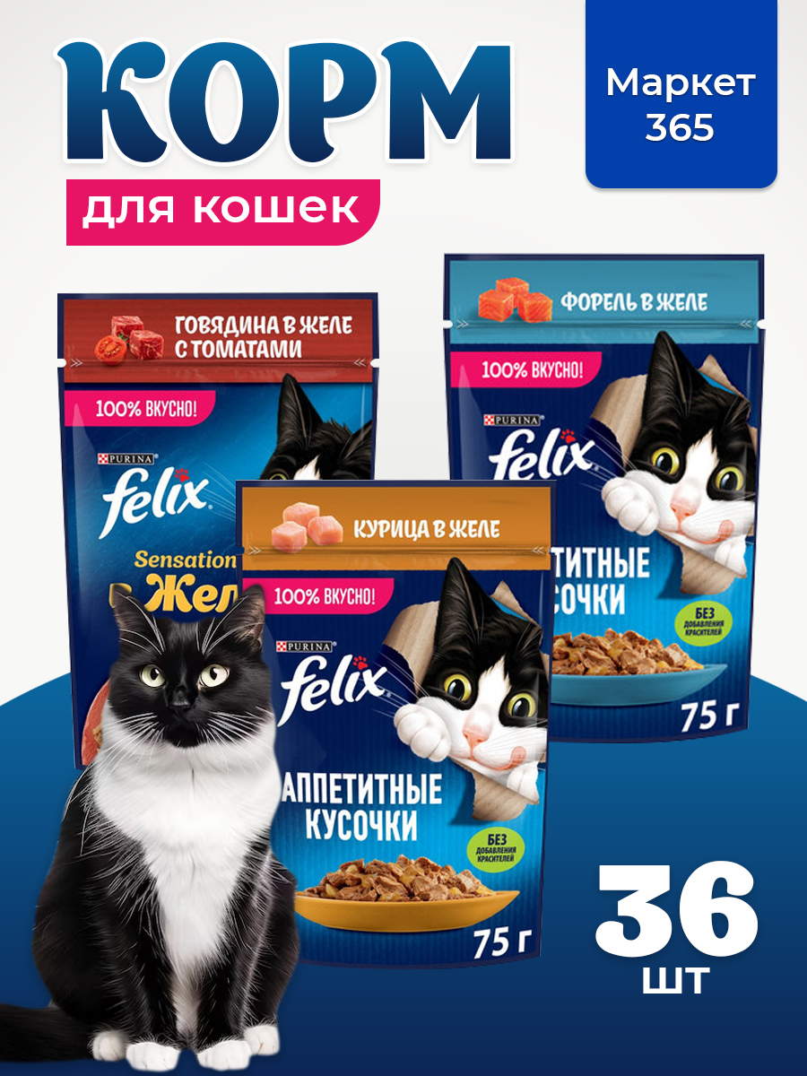 Корм для кошек влажный, Felix желе, Набор: курица, говядина с томатами, форель. 36 шт x 75 г
