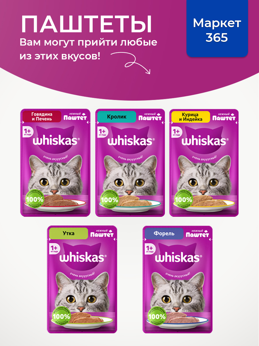 Корм для кошек влажный, Whiskas, паштет. Набор кролик, курица и индейка, утка. , 36 шт х 75 г