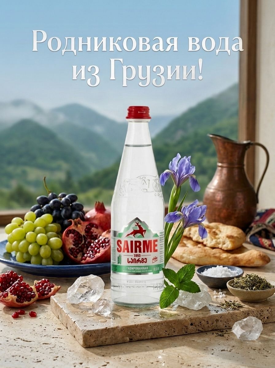 Вода Sairme родниковая газированная стекло, 500мл x 12 шт