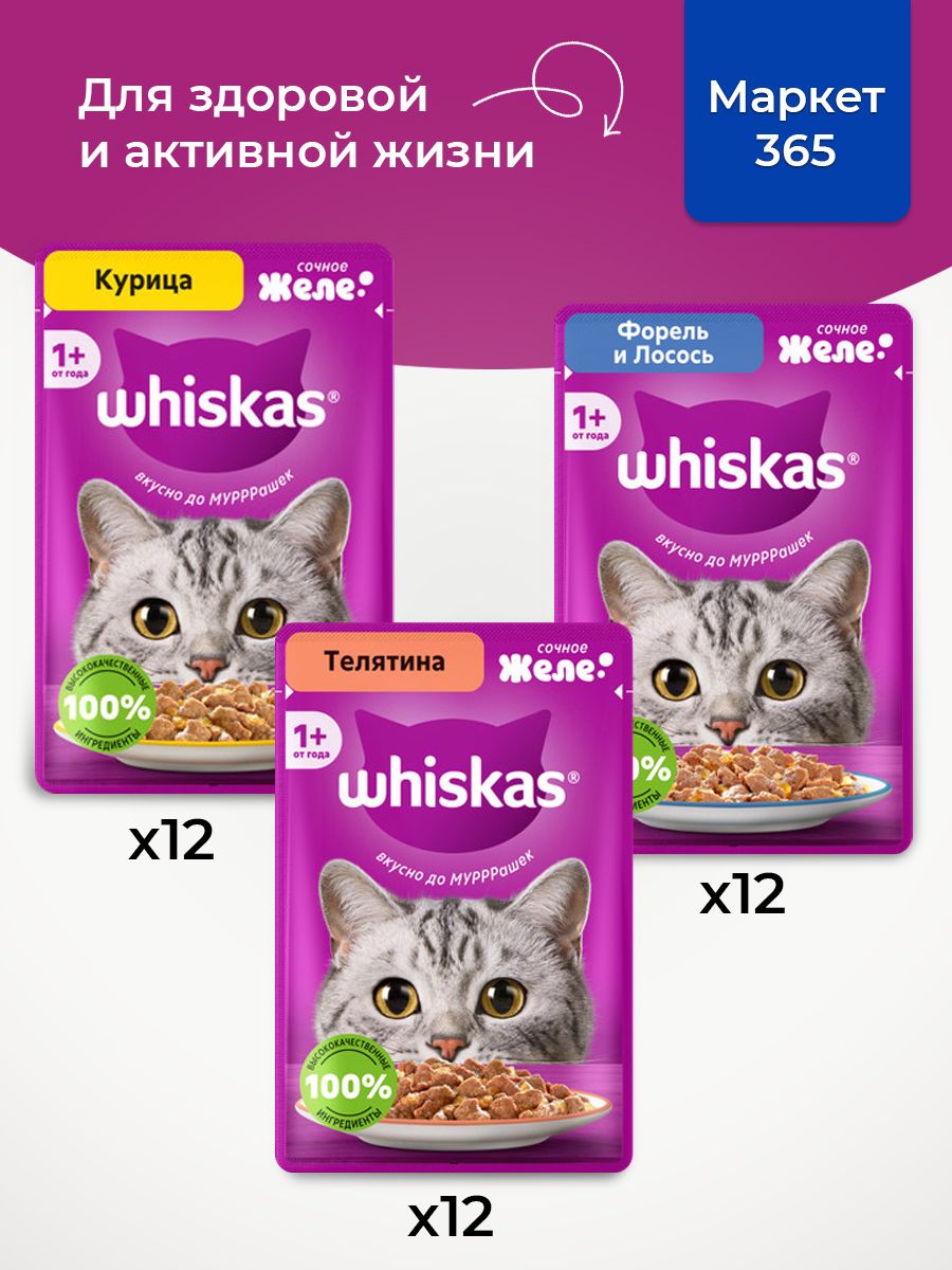 Корм для кошек влажный, Whiskas, Набор: курица, телятина, форель и лосось. в желе. 36 шт х 75 г