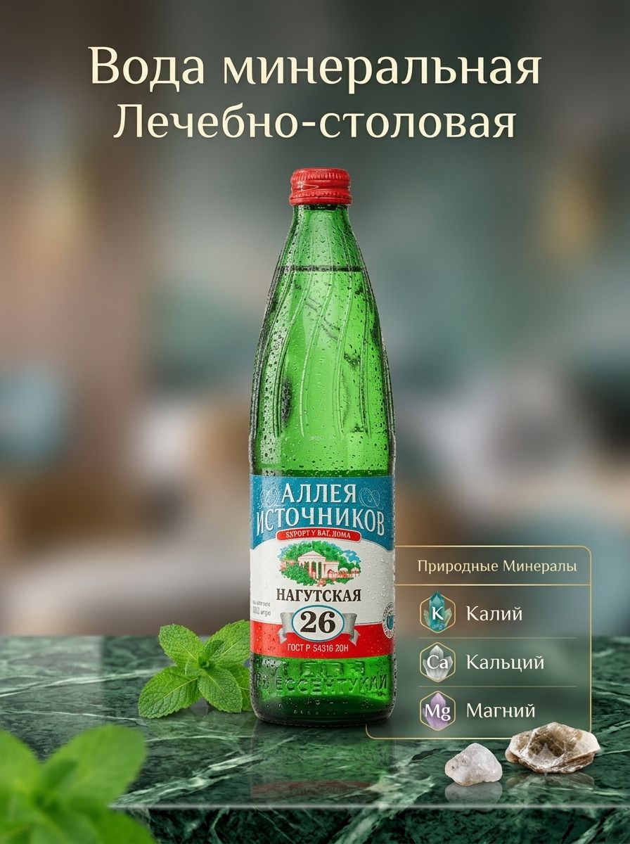 Вода Аллея источников Нагутская №26 0.5 литра, газ, стекло, ( упаковка 12 шт)