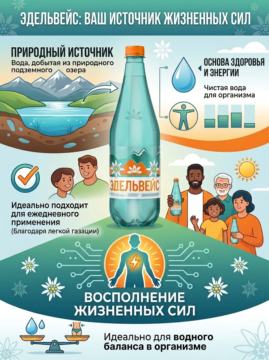 Вода Эдельвейс минеральная газированная, ПЭТ, 1л х 12шт.