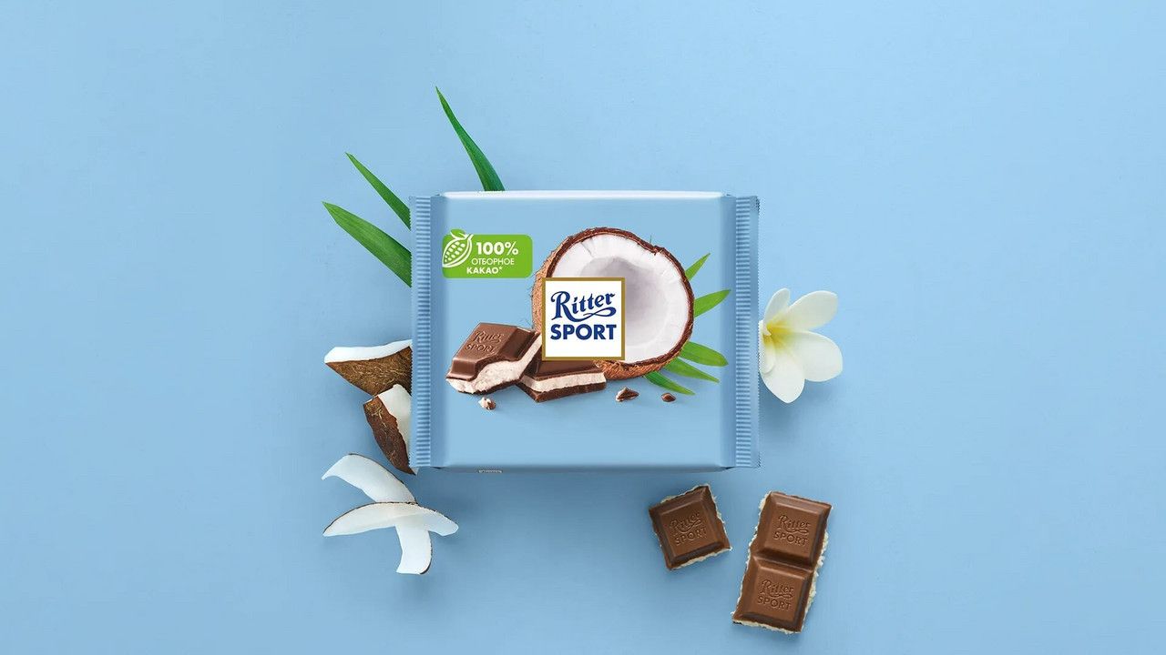 Шоколад Ritter Sport молочный с кокосом, 100г. Набор 12 шт.