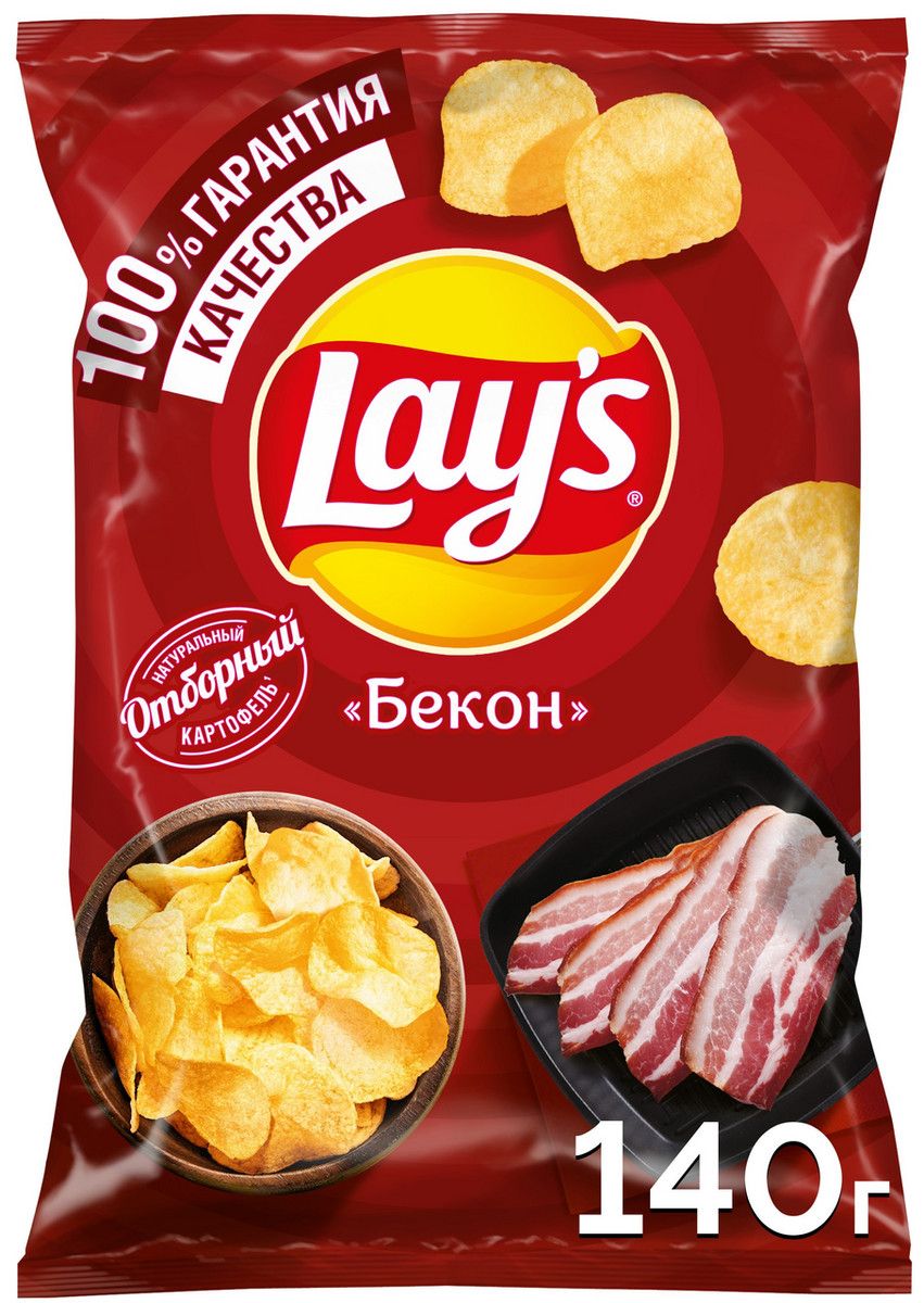 Чипсы Lay's бекон, 140г. Упаковка 19шт. Набор 4 упаковки.