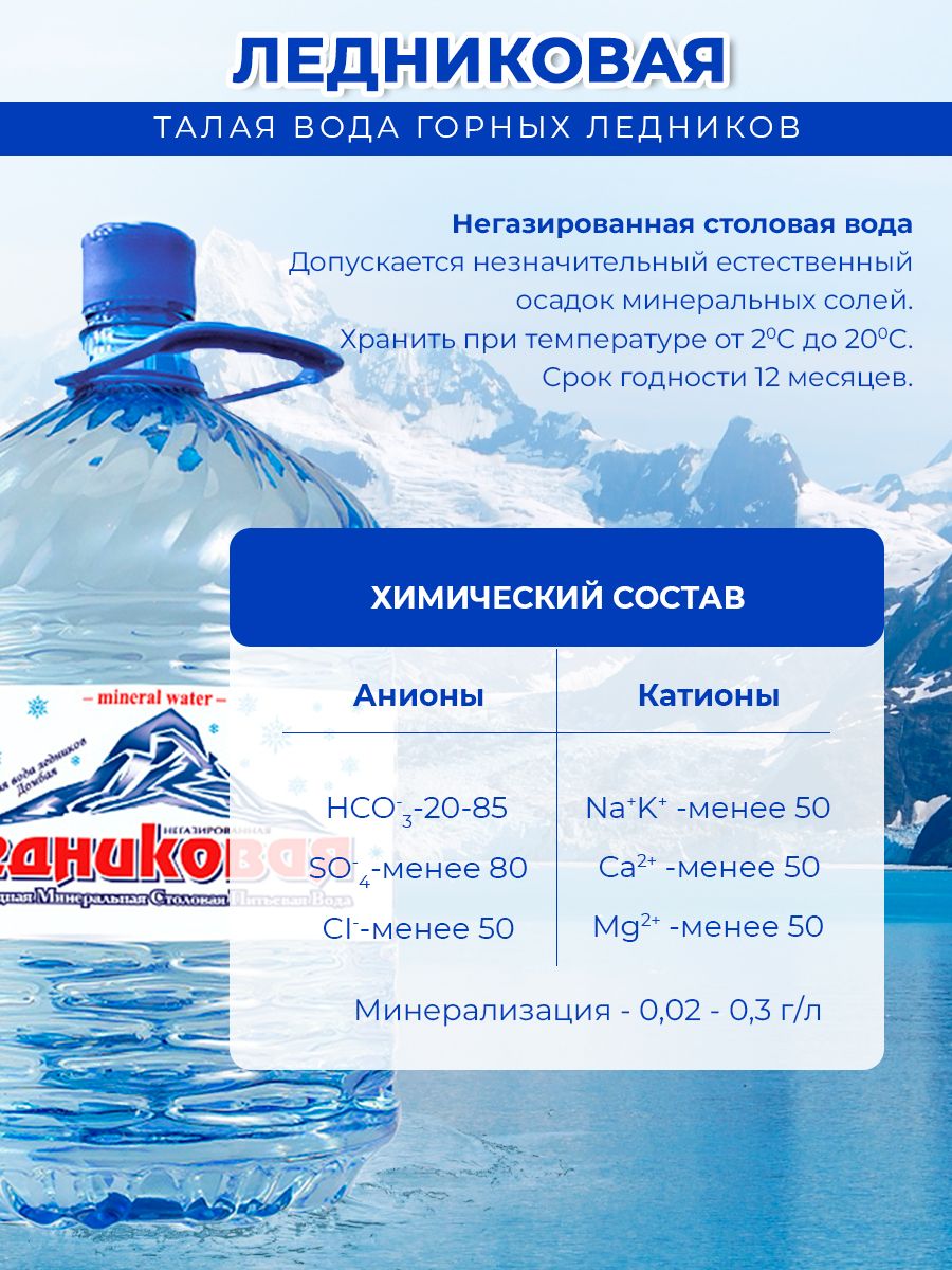 Вода питьевая Ледниковая 19л негазированная (бутыль одноразовая 1 шт.)
